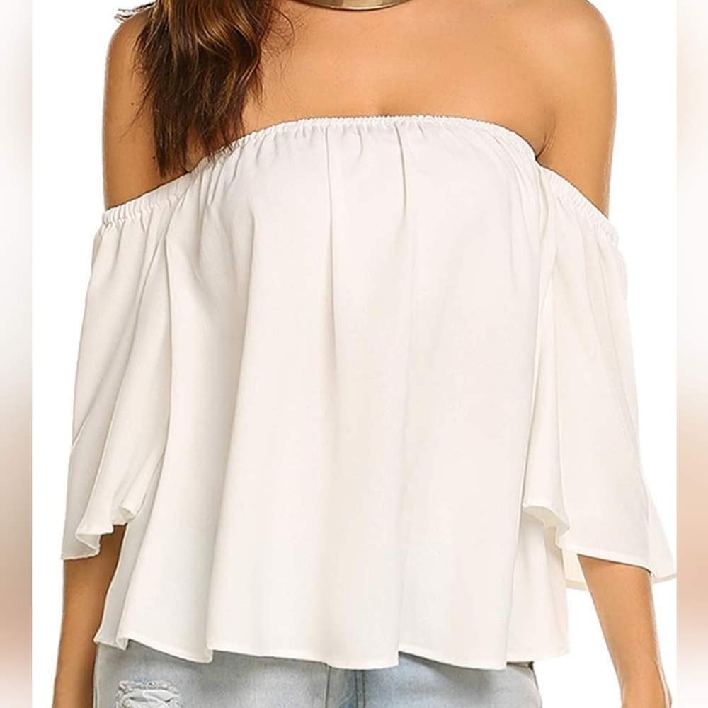 Cocobla Women Casual White Top Off Shoulder Chiffon Blouse sz XL